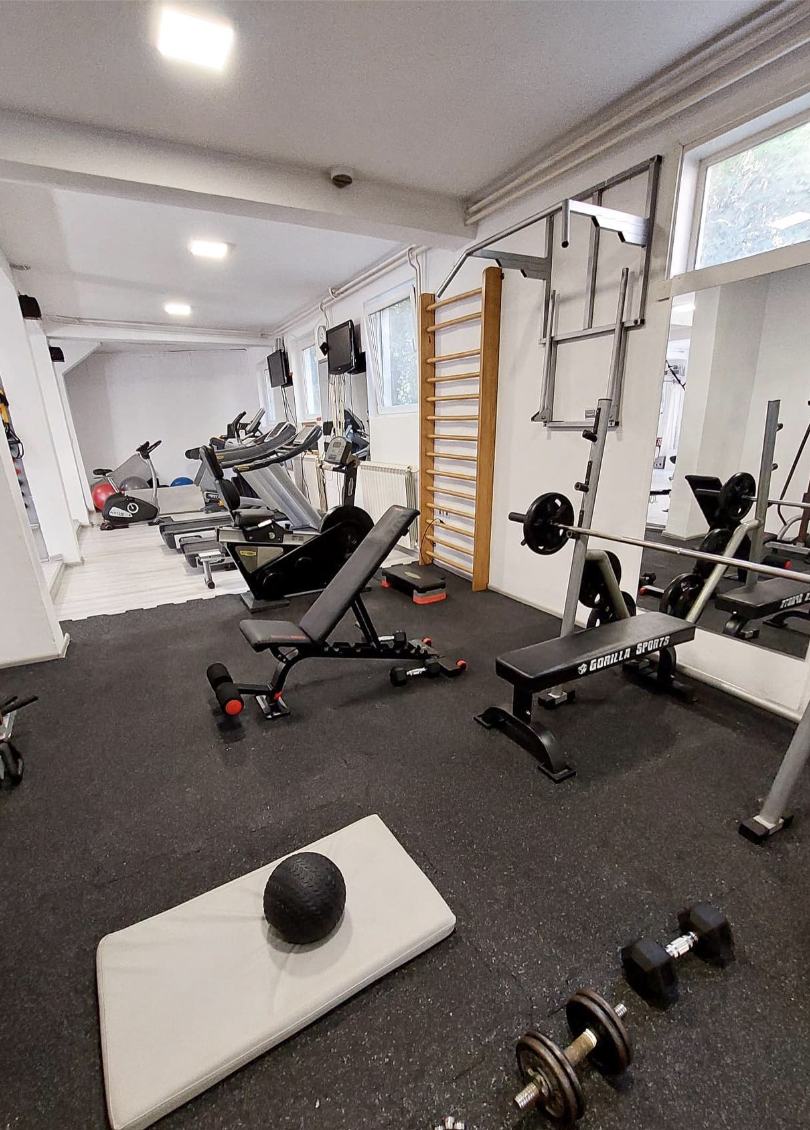 Zona za trening snage sa klupama, šipkom i bučicama